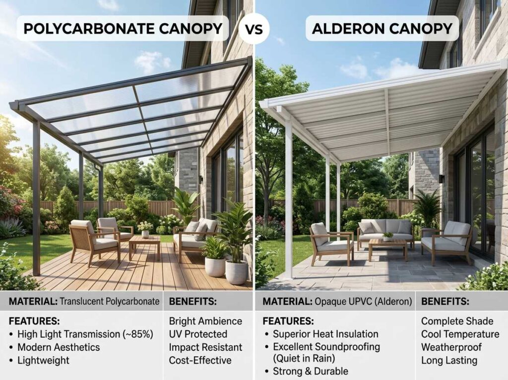 kanopi polycarbonate vs alderon mana lebih baik