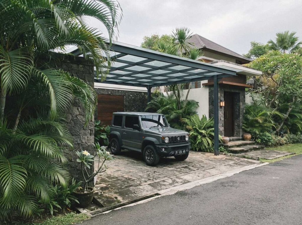 Desain struktur rangka besi tebal bergaransi resmi dari spesialis pemasangan kanopi Bali profesional.