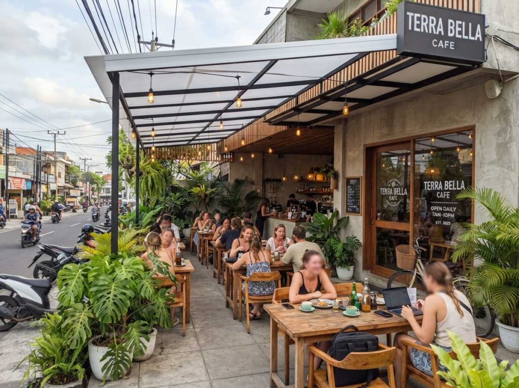 Desain estetis kanopi cafe outdoor Kerobokan berbahan uPVC Alderon dari balikanopi untuk memperindah eksterior cafe dan memperkuat branding visual usaha.
