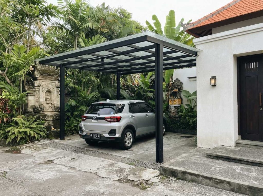Inspirasi desain kanopi minimalis Bali dengan rangka besi hitam dan atap kaca tempered modern untuk carport villa.